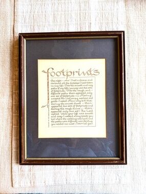 Vintage Calligraphy Artwork “Footprints”, Matted
& Wood Framed, 15”x12”